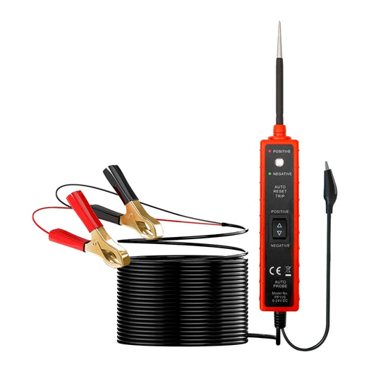 Red DC circuit tester pen with alligator clip leads and storage cable coil