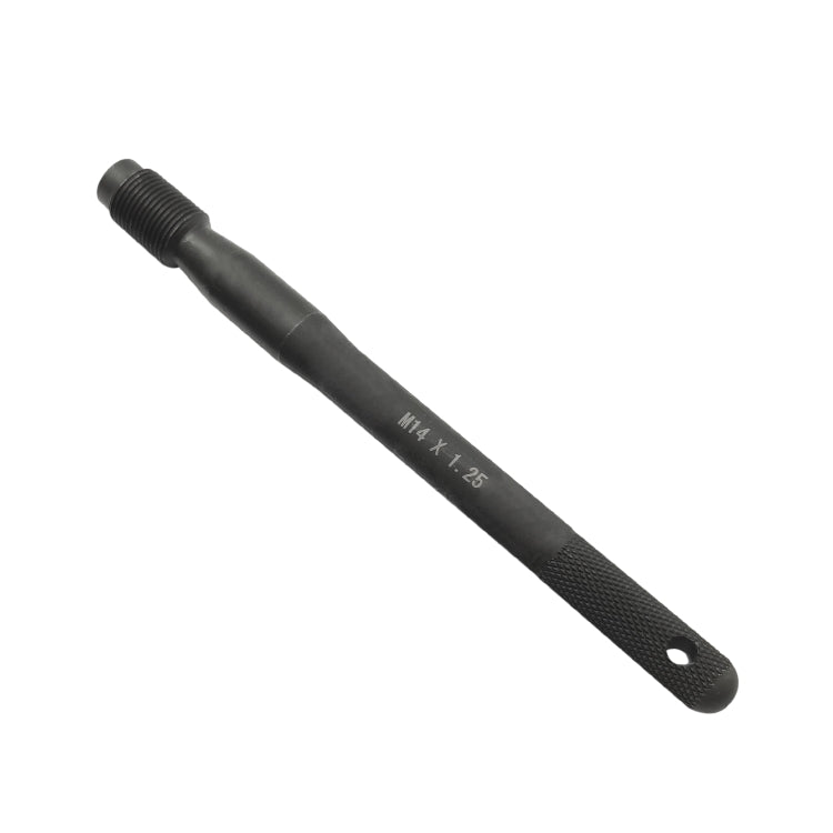 Car wheel alignment pin guide tool with M14x1.25 thread and handle, black finish