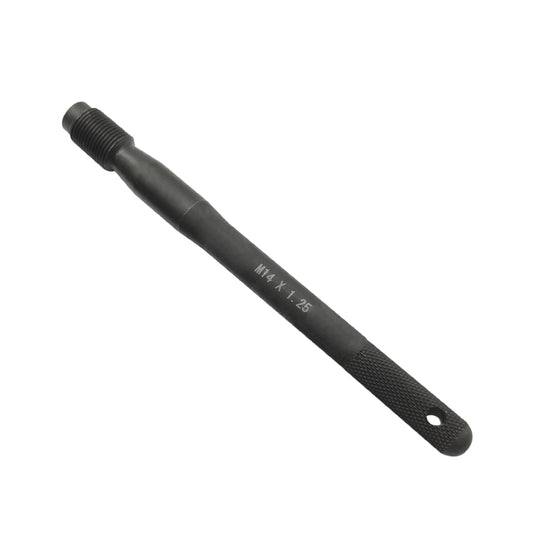 Car wheel alignment pin guide tool with M14x1.25 thread and handle, black finish