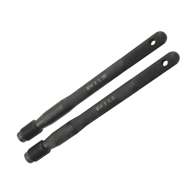 Wheel alignment pin guide tool pair, black knurled rods with two M14 bolt threads