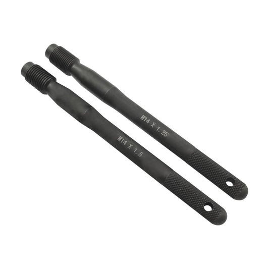 Set of 2 black wheel alignment guide tools with M14 threaded ends and knurled handles