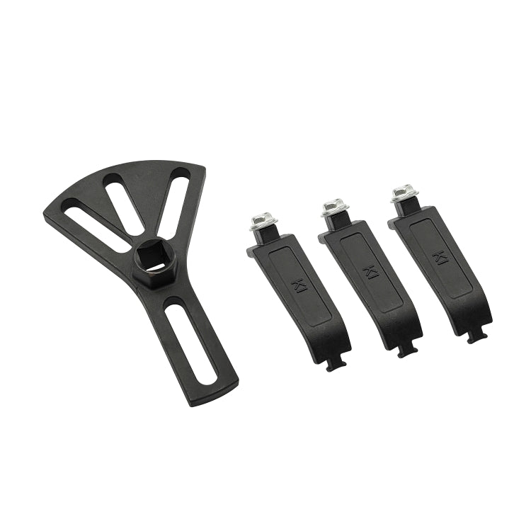 Fuel pump removal tool set: black fork piece and three replacement clips with bolts