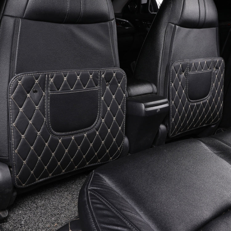 Car seat back anti-kick mat in black with diamond quilting and front pocket