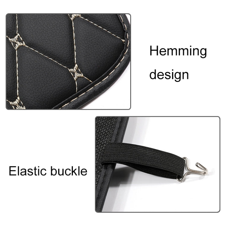 Black anti-kick mat with stitched edge and elastic strap buckle for attachment