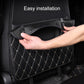 Car seat back anti-kick mat being installed with straps and buckles