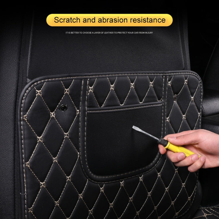 Car anti-kick mat with stitched diamond quilt pattern and front pocket, reinforced area shown