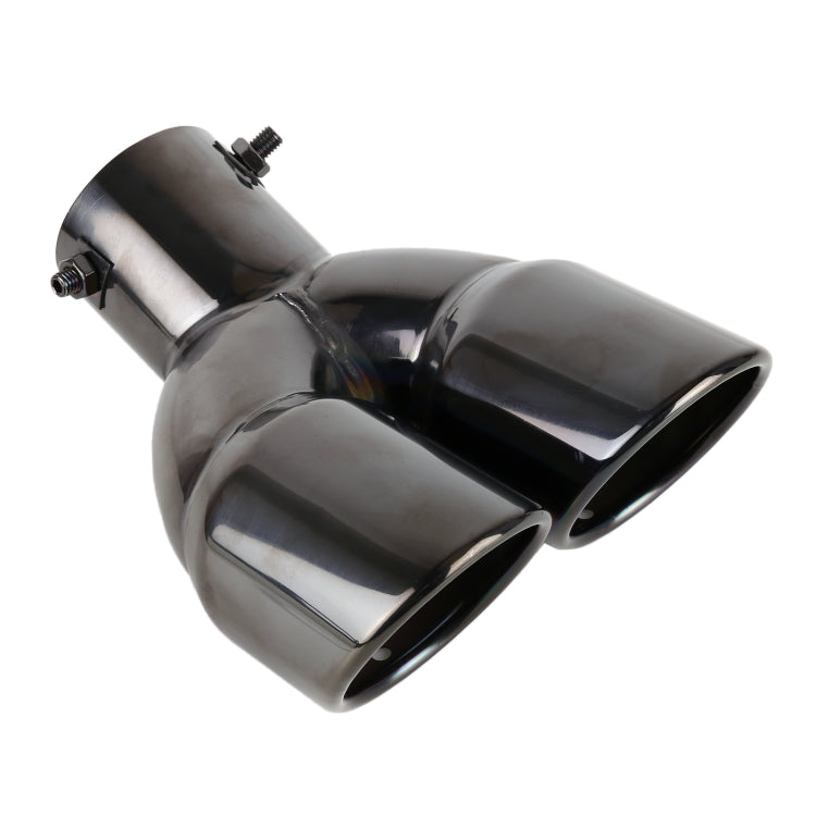Grey stainless steel exhaust elbow with twin oval outlet tips and mounting hardware