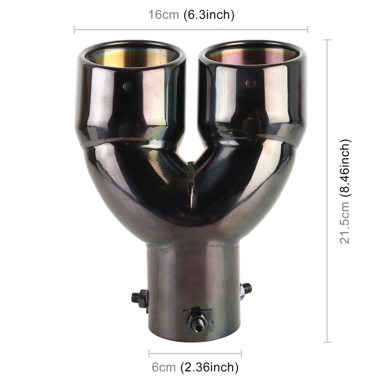 Stainless steel elbow exhaust tip with twin outlet openings and size dimensions view