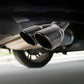 Installed stainless steel dual-oval exhaust tip with elbow pipe under rear bumper