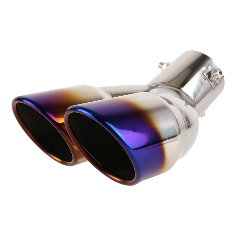 Silver stainless steel exhaust elbow tip with iridescent blue trim and twin outlets