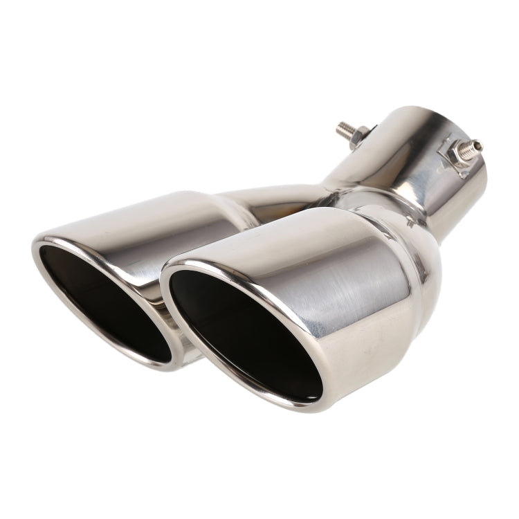 Silver stainless steel elbow exhaust tip with dual oval outlets and side mounting plate