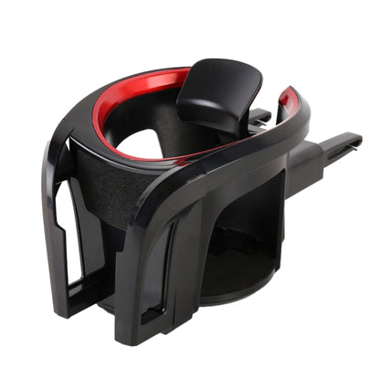 Black car air vent cup holder with red accent ring and adjustable base clip