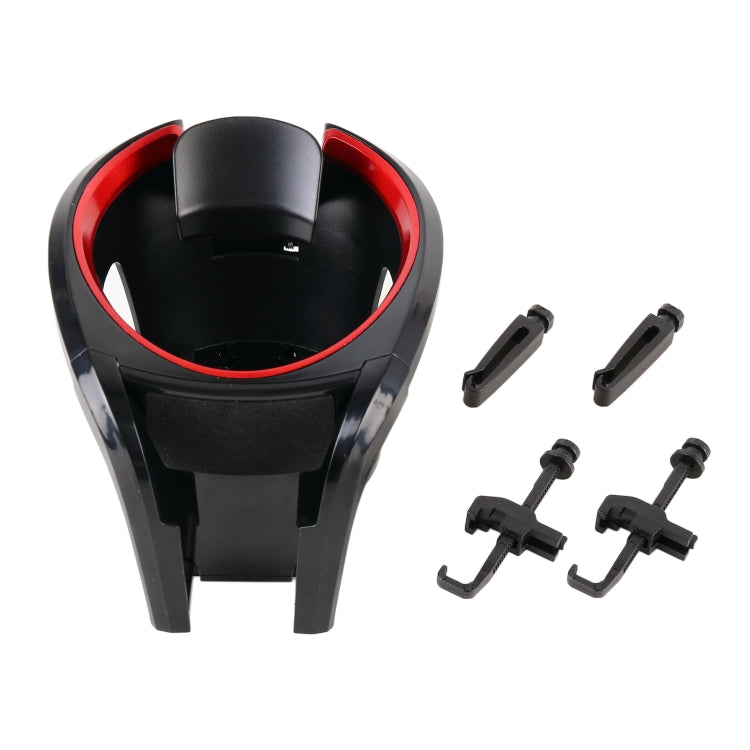 Black cup holder for car air vent with red trim, plus mounting brackets and hooks