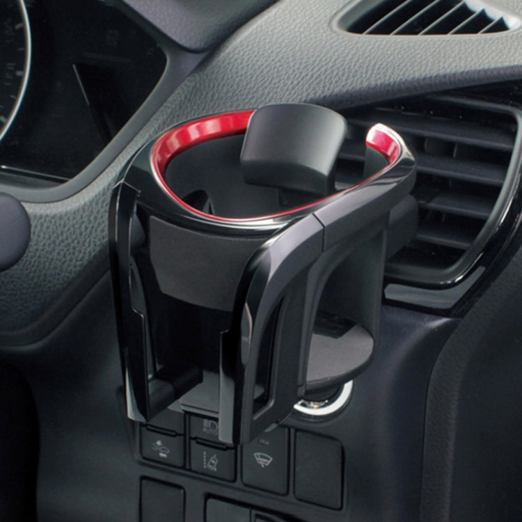Car air vent cup holder installed on dashboard vent, black with red trim