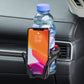 Black car air vent cup holder holding a water bottle and smartphone