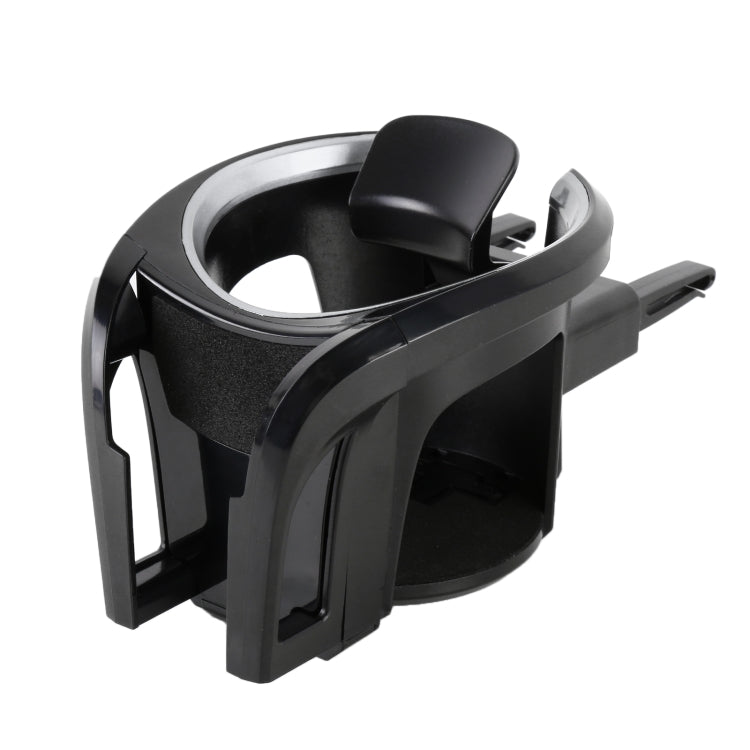 Black car air vent cup holder with silver accent ring and adjustable base clip