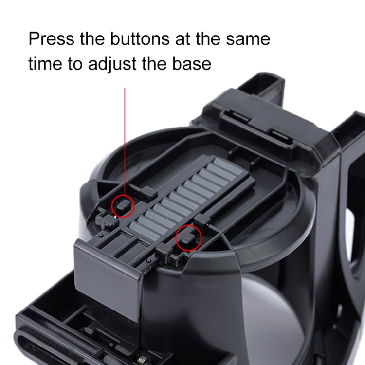 Car air vent cup holder base mechanism with press buttons for adjustment
