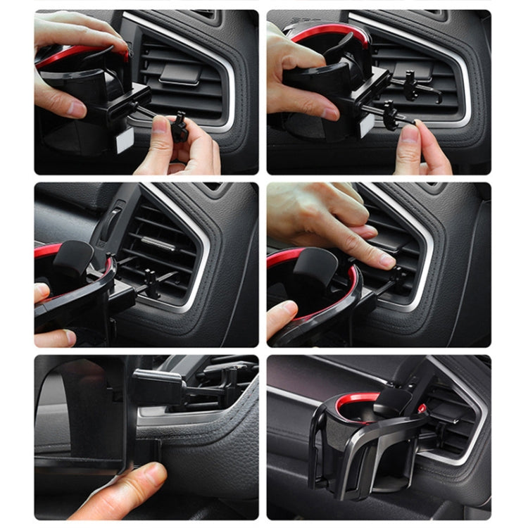 Car air vent cup holder shown installing on air vent with hands adjusting