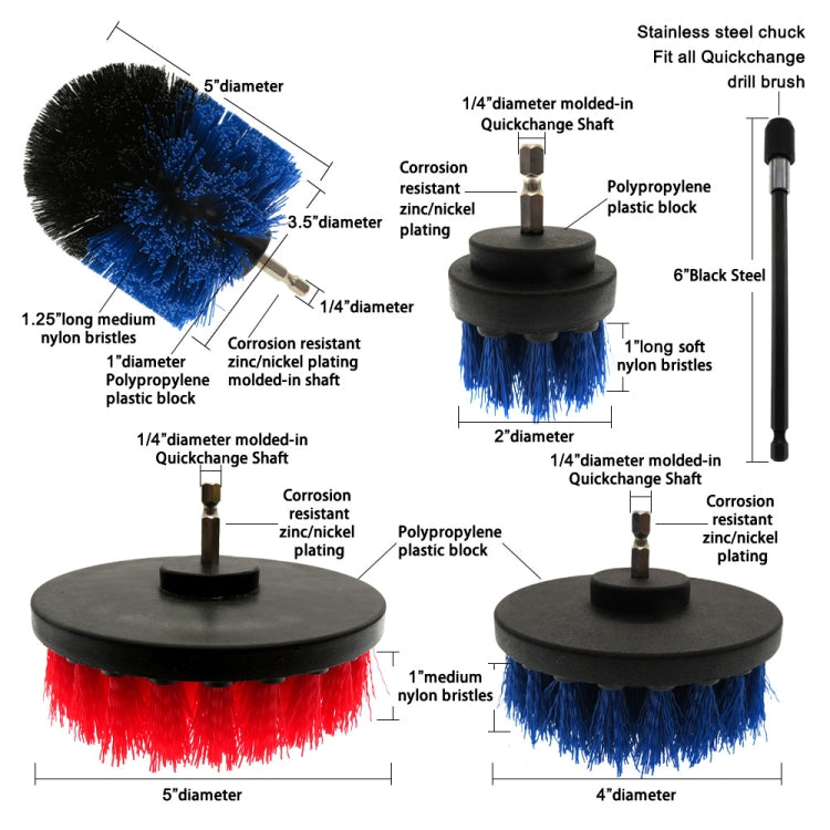 Drill brush attachment with multiple quick-change mounting bases and nylon bristle heads