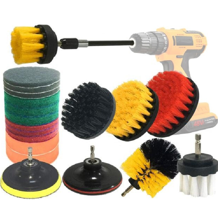 Electric drill cleaning brush set with circular foam pads and yellow, black bristle heads