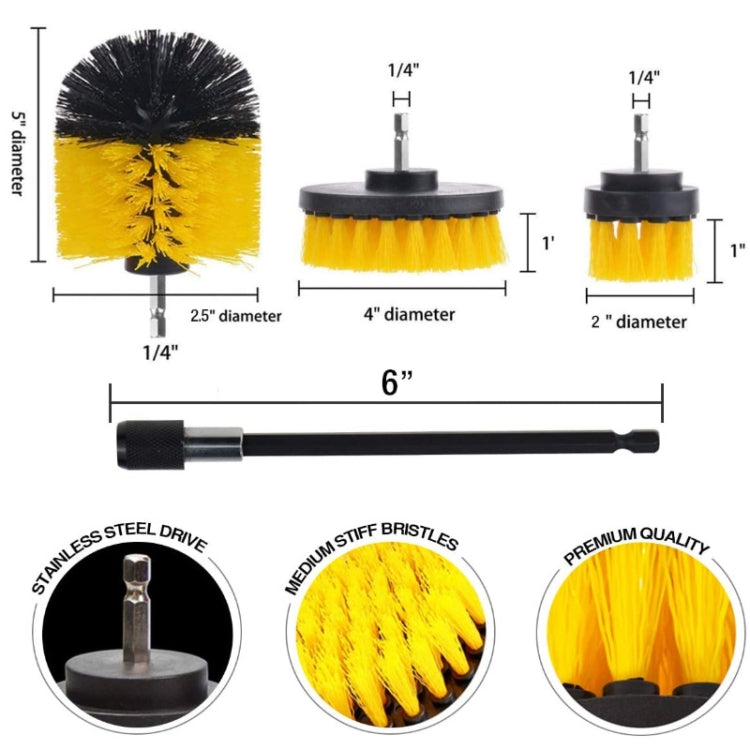 Drill brush heads with yellow bristles, foam caps, and black mounting shafts