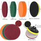 Assorted drill cleaning pads: scouring, stiffer pad, polishing foam, and yellow velcro connector