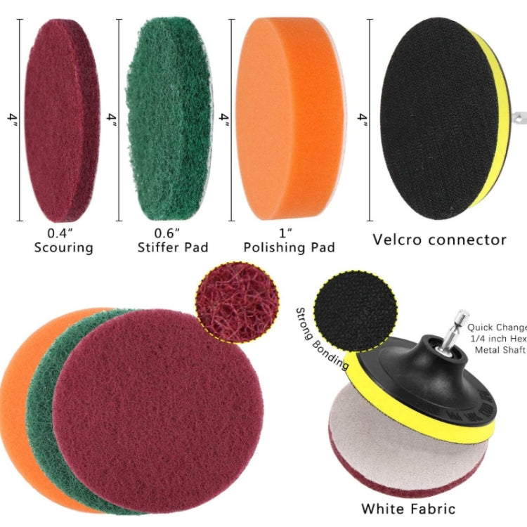 Assorted drill cleaning pads: scouring, stiffer pad, polishing foam, and yellow velcro connector