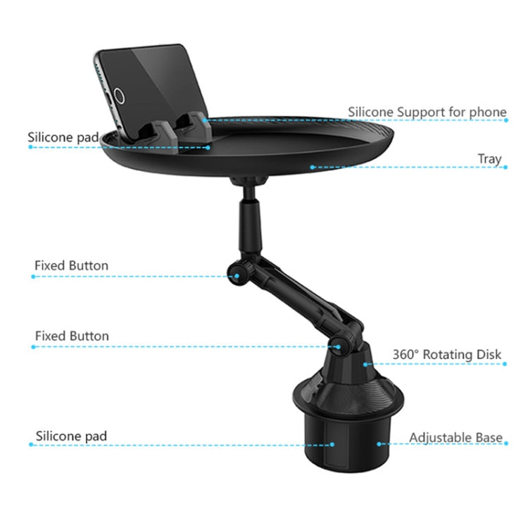 Black multi-function car cup holder with phone support tray and base