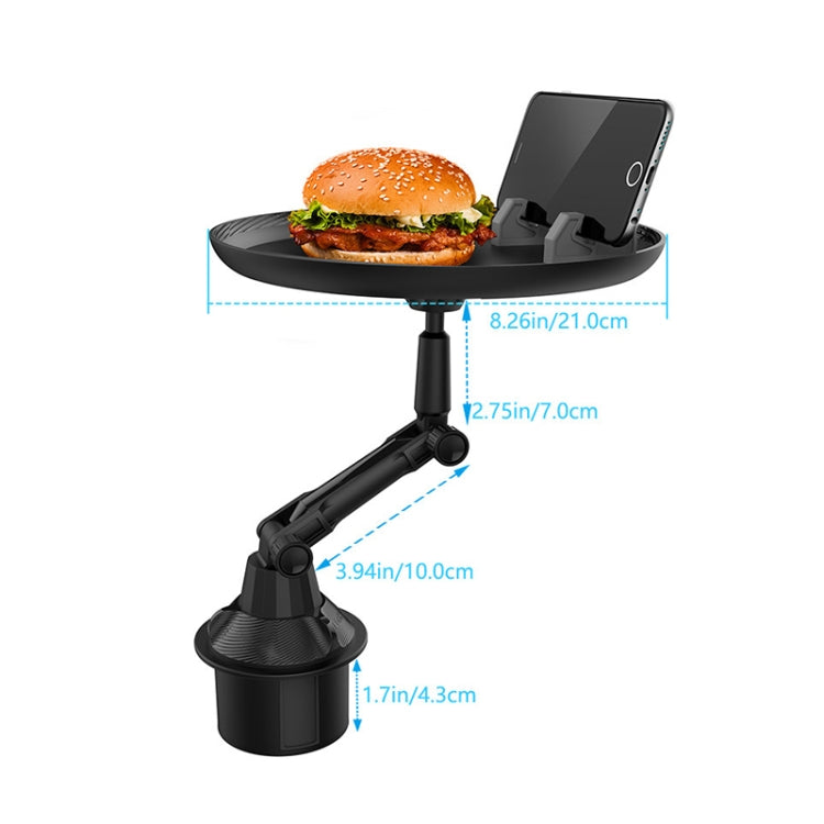 Black car cup holder with burger tray and foldable phone holder arm
