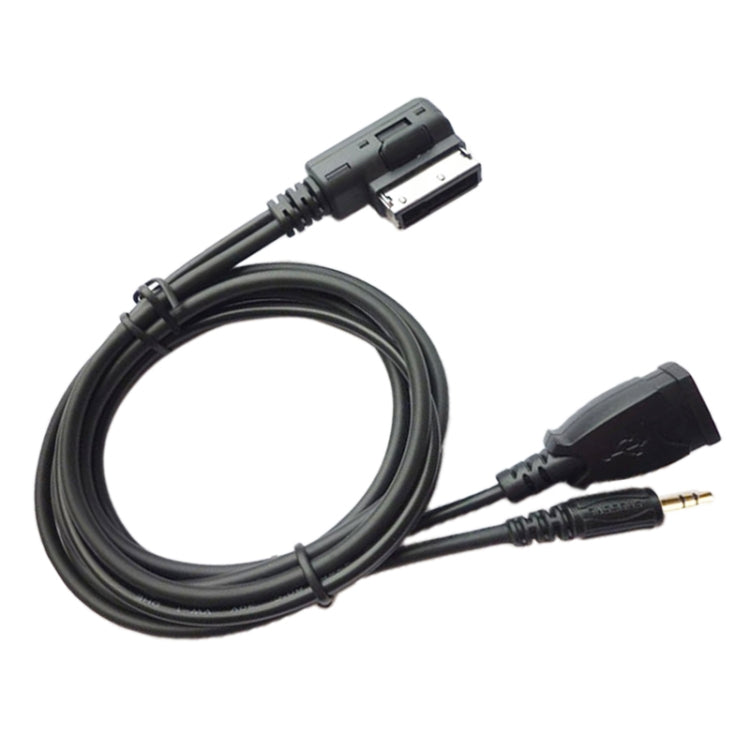 Car AUX audio cable with USB charging, black connectors and coiled cable