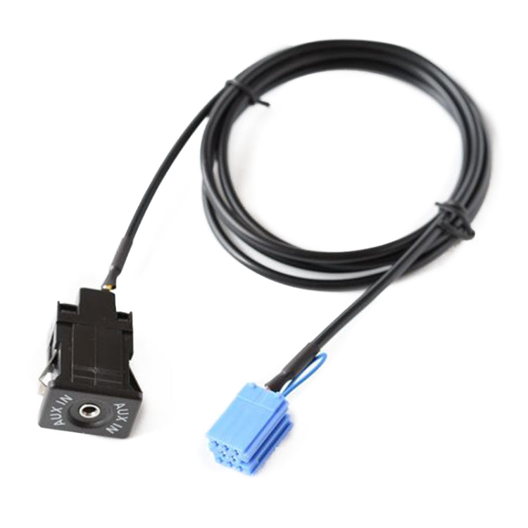 Car AUX interface wiring harness with black connector and blue wiring plug