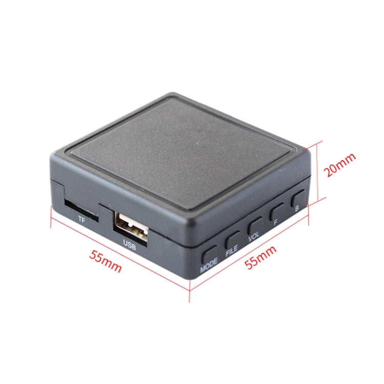 Car music player module showing USB and TF ports, 20mm by 55mm