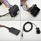 Car AUX Bluetooth audio cable close-up: black wiring, mic, and audio connector