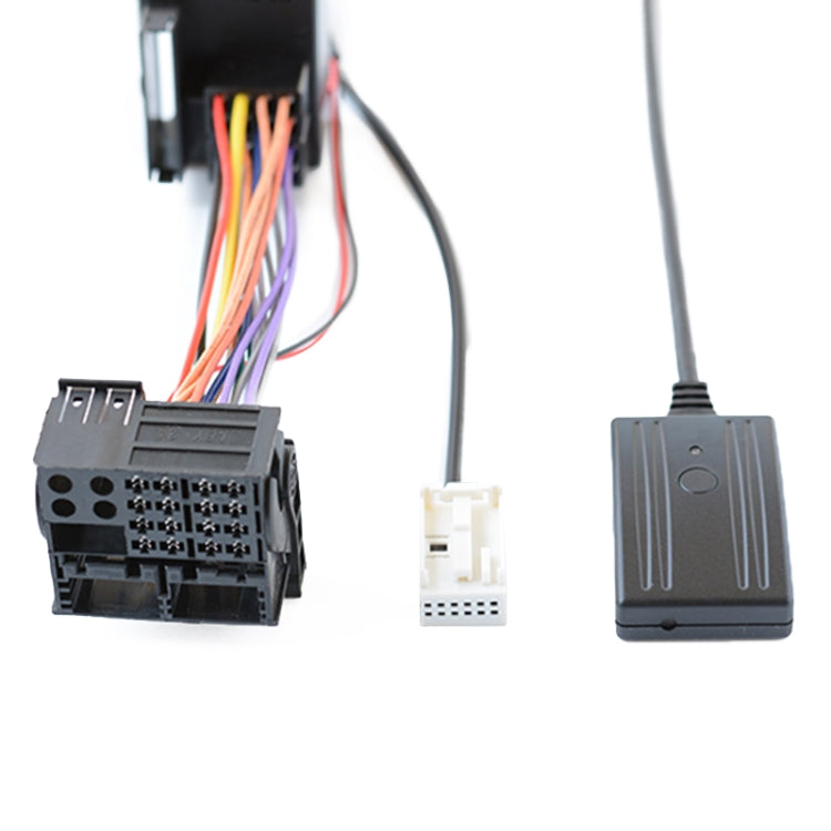 Car AUX Bluetooth audio cable with vehicle harness plug, white adapter, and mic box