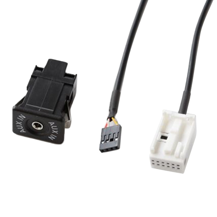 Car AUX audio interface cable harness with three plugs: black, pin header, white