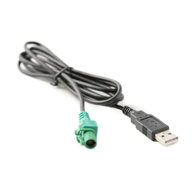 USB-A to car interface conversion cable with green connector and black USB plugs