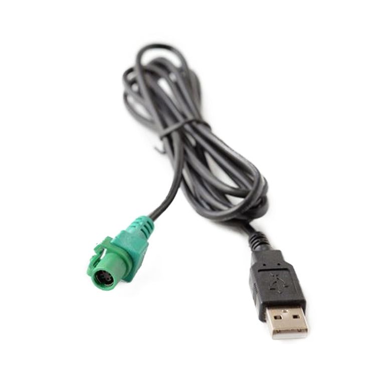 USB-A to car interface cable with green end connector and compact black USB plug