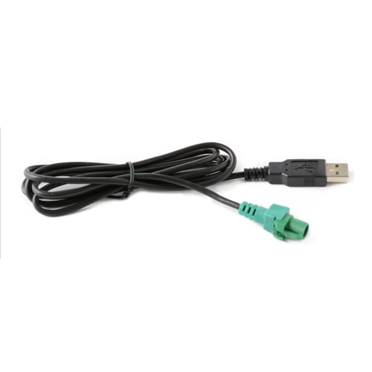 Long USB-A to car interface conversion cable with green connector on black cord
