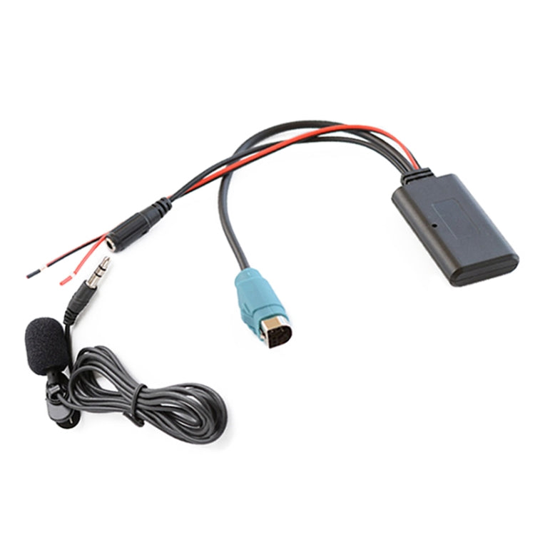 Car Bluetooth AUX audio cable kit with microphone, blue plug, gray module, black wiring