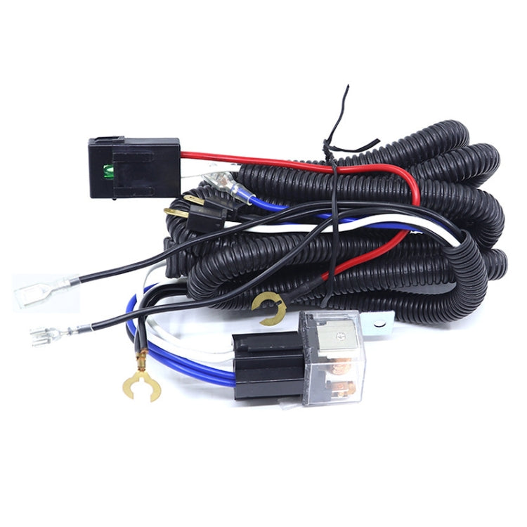 Car horn wiring harness relay cable with fuse box, ring terminals, and connector ends