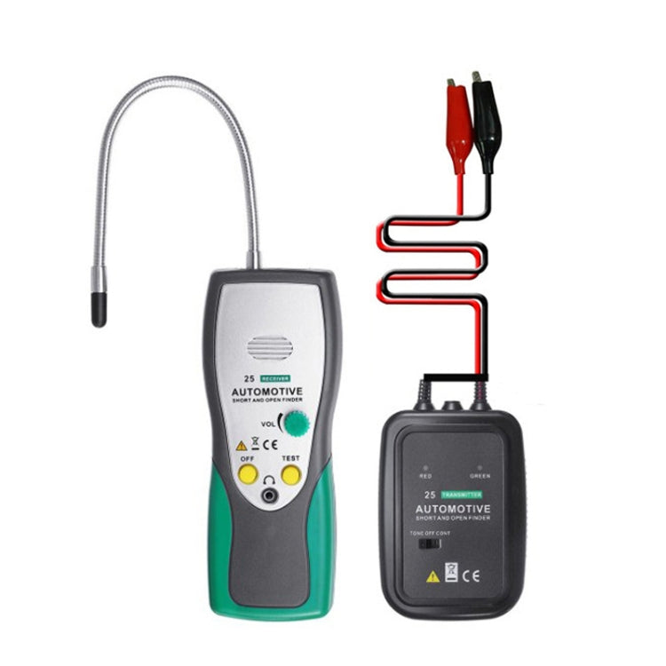 Automotive circuit cable tester with handheld receiver, transmitter, and red/black probes