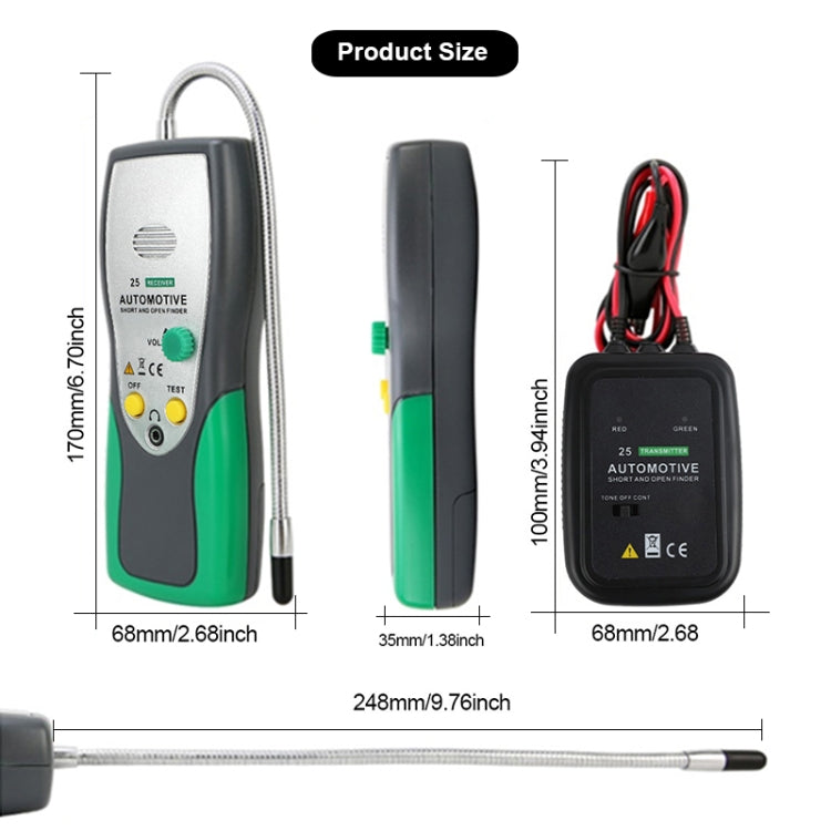 Automotive cable tester kit with handheld receiver, slim probe unit, and long probe cable
