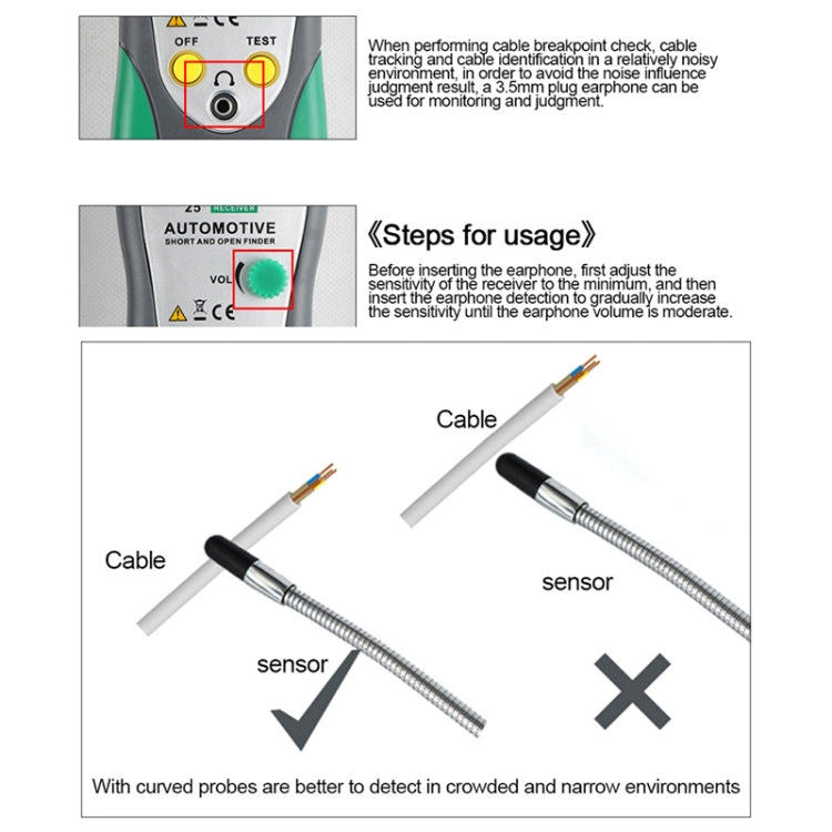 Automotive cable tester control buttons with paired cable sensors and curved probe tips