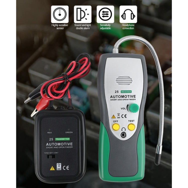 Automotive short circuit finder with receiver and transmitter connected to red test leads