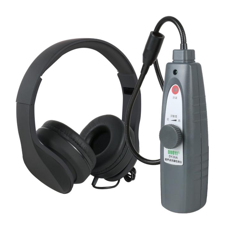 Handheld ultrasonic leak detector meter with wired sensor cable and over-ear headphones