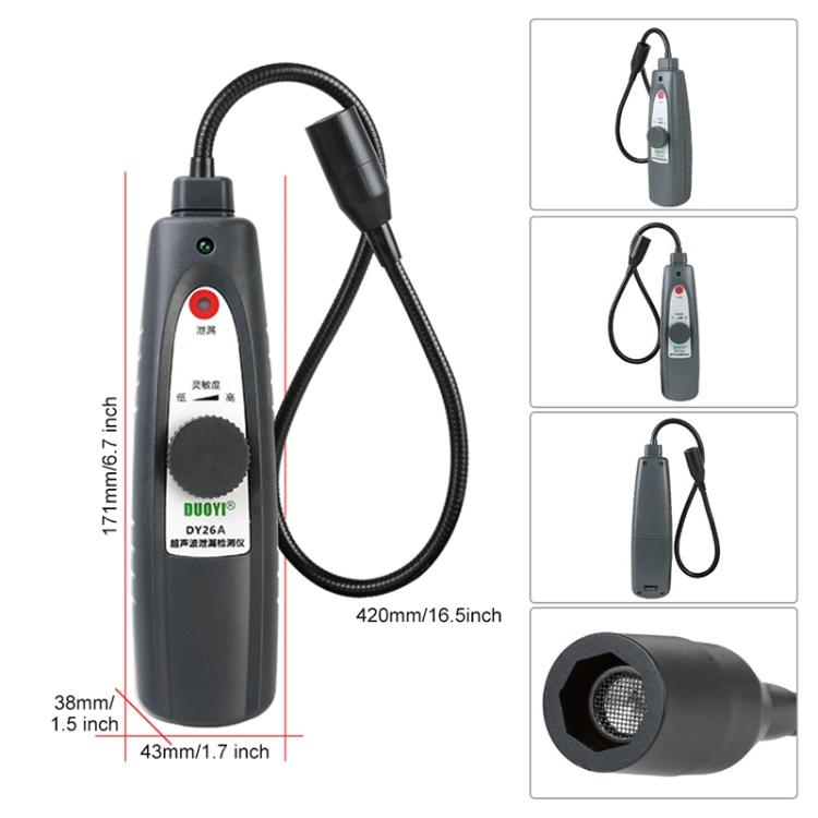 Ultrasonic leak detector meter with flexible cable and circular microphone sensor tip