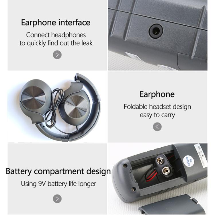 Ultrasonic leak detector with earphone connection and open battery compartment