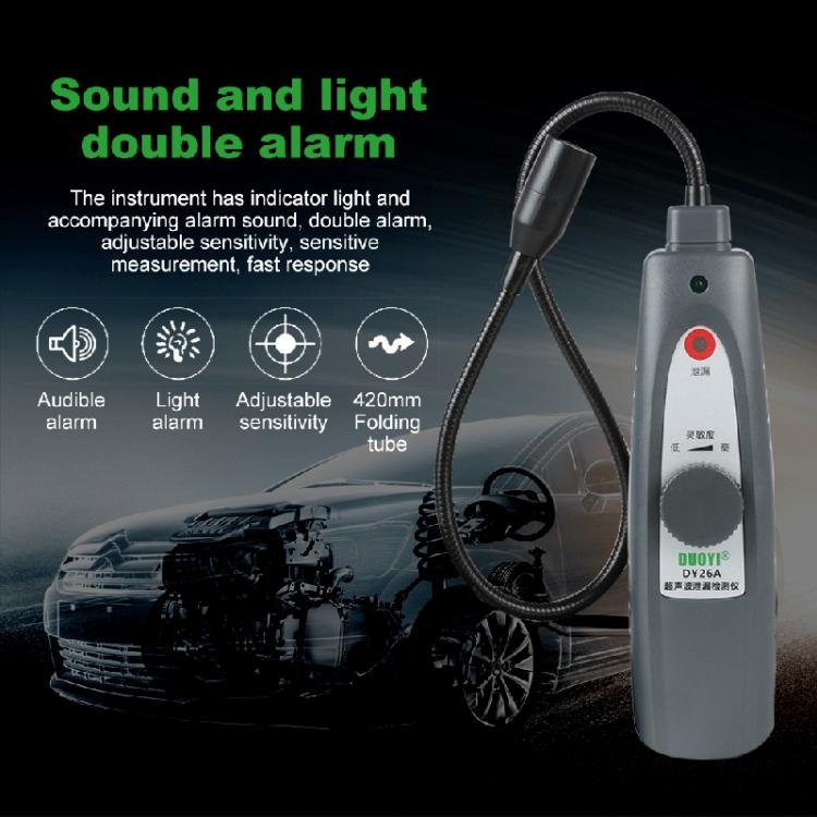 Handheld ultrasonic leak detector meter with coiled cable sensor and status indicator