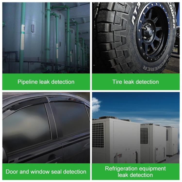 Ultrasonic leak detection uses shown for pipes, tires, door seals, and refrigeration