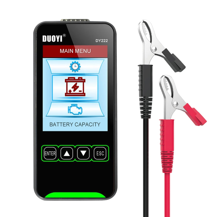 Car battery tester with black handheld screen and red/black test clamp leads